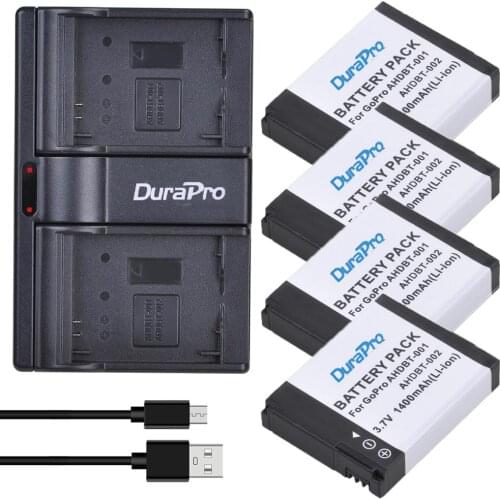 4pc 3.7V 1400mAH AHDBT-001 AHDBT-002 Camera Battery + USB Dual Charger for GoPro Hero 1 2 Go pro Hero 1 2 1080p 960 NIB Camera