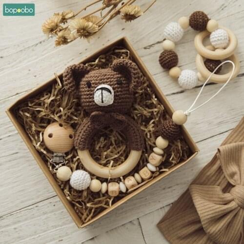 Bopoobo Baby Teether 3PC/SET Wood Cartoon Crochet Animal Baby Pacifier Chain Pram Crib Personalized Custom Children Molar Tools