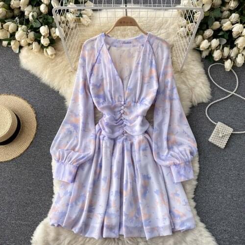 Croysier Casual Dresses For Women 2021 Tie Dye Printed Elegant Chiffon Dress Front Buttons Deep V Neck Long Sleeve Mini Dress
