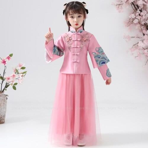 Children Cheongsam Girls Traditional Chinese Hanfu Long Sleeve Qipao Tang Suit New Year Outfits Set Kids Princess Evening Dress
