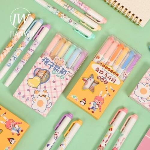 JIANWU 6 Pcs/Set Colorful Cartoons Highlighter Double Head Markers Kawaii Stationery Hand Account Painting Pens School Supplies