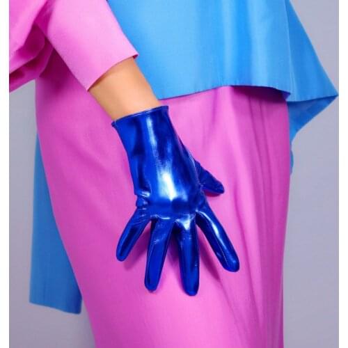 LATEX SHORT GLOVES Faux Shine Patent Leather 8" 21cm Royal Cobalt Classic Blue Women Leather Gloves WPU264