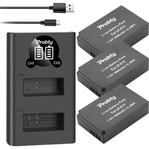 1800mAh LP-E12 LP E12 LPE12 Li-ion Battery + LED USB Dual Charger for Canon EOS M50, EOS M100,100D Kiss X7 Rebel SL1 Camera