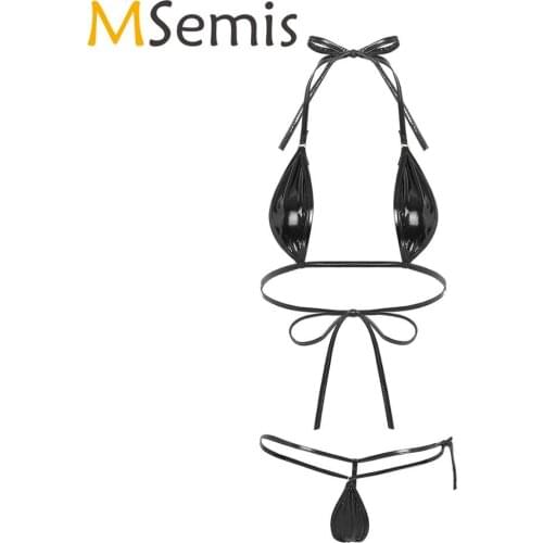 MSemis Women Erotic Lingerie Mini Bikini Set Brazilian Swimwear Swimsuits Metallic Halter Triangle Bra Top with Micro G srting
