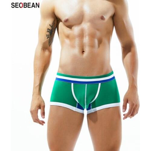 SEOBEAN Mens Underwear Knitting Patchwork Plain-angle U-pouch Bag Push Up Sexy Low-waist Boxers
