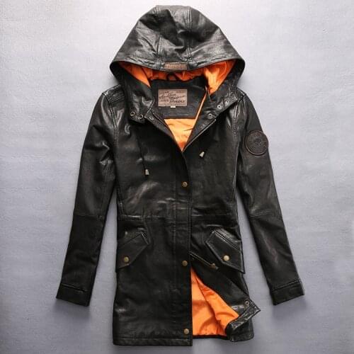 2020 New Avirex fly hooded leather jacket wommen black goatskin flight jacket casual pilot jacket autumn windbreaker