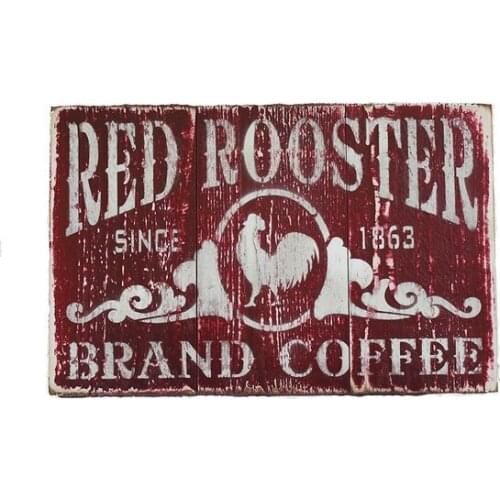 Tin Sign Red Rooster Brand Coffee Distressed Red Barn Look Wood with White Print Large :12X 8/ 12X 6 Inches