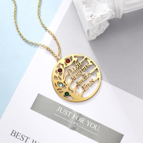 Customized 4 Birthstones Neckalce Family Tree Of Life Round Pendants Nameplate Necklaces Personalized Gifts For Mother Grandma