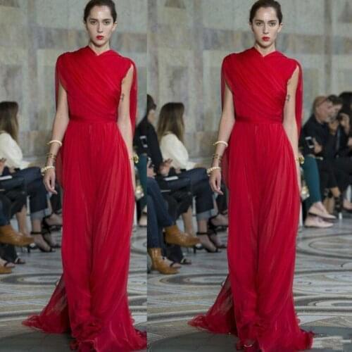 2020 Red Evening Dresses Ruffles High Neck Chiffon Prom Gowns Floor Length Runway Fashion Dresses