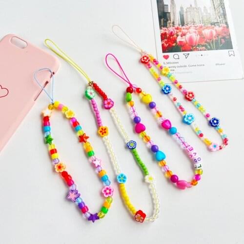 TAUAM Disc Beads Crystal Chain For Phone Mobile Phone Lanyard Cell Phone Chains 2021 LOVE Letter String Wristband