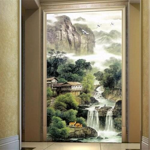 Custom Size Self Adhesive wallpapers 3d large-scale photo murals Chinese landscape aisle entrance background decoration painting