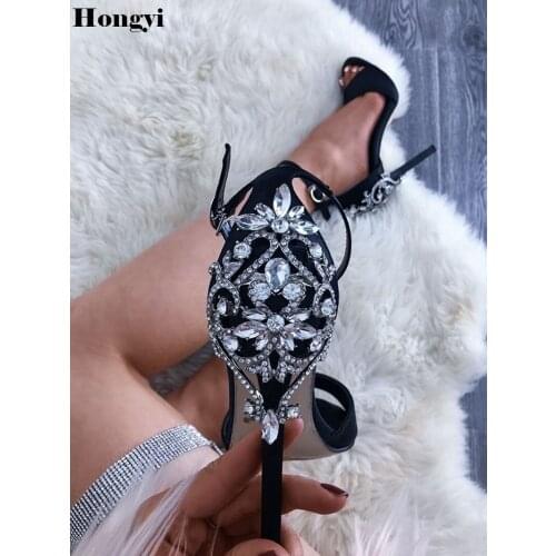 Open Toe Rhinestone Design High Heel Sandals Crystal Ankle Wrap Diamond Gladiator Women Sandals Black Gold Size 35-42