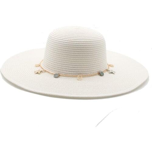 Summer women hats big brim white black straw hats belt band chain elegant solid round top casual outdoor beach summer sun hats