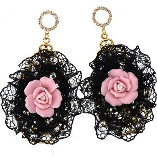 Dangle Earrings Retro Pink Rose Sweet Lace Elegant Party Costume Drop Earring Women Jewelry