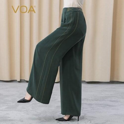 VOA Silk 30m/m Deep Pine Green Natural Waist Open Thread Arch Needle Pendant Straight Tube Side Pocket Wide Leg Trousers KE291