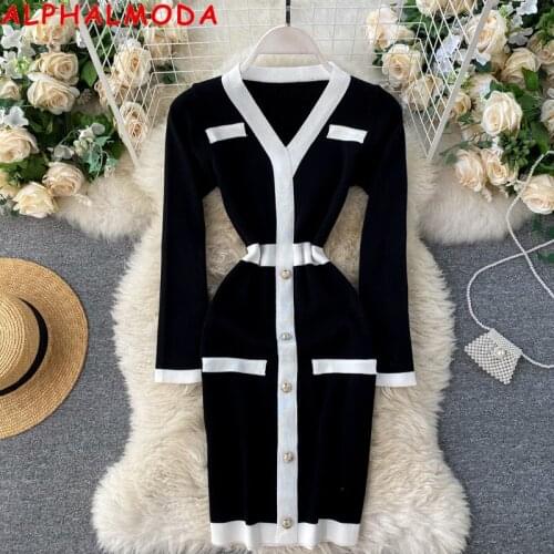 ALPHALMODA Womens Autumn Winter Dress 2020 New Design Color Matching Slim Waist V-neck Short Dress