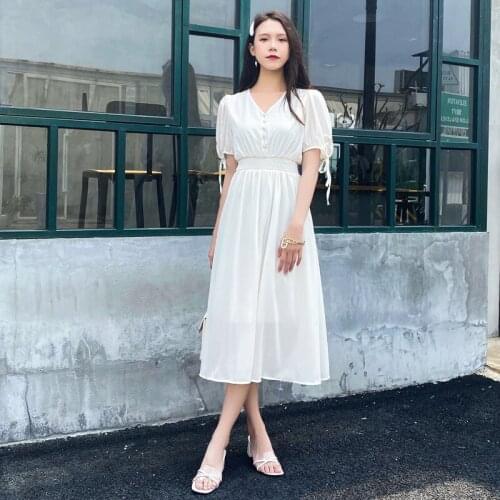 Korean High Waist V-neck Dress Women Summer Short Sleeve Slim Solid Long A-line Dress Women