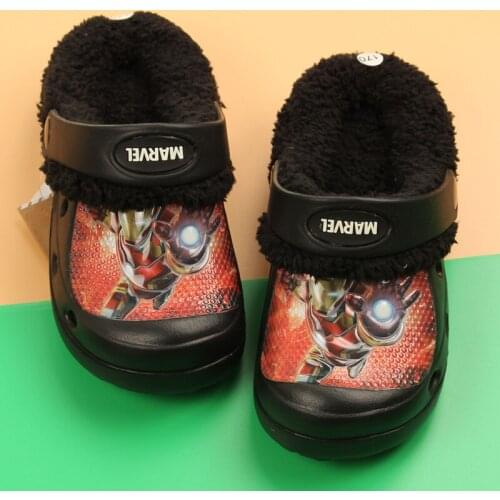 Winter Childrens Clogs Iron Men Warm Fur Indoor Shoes Home Hole Mules Navy Cute Pins Sandal EVA Flat Kids Shoes