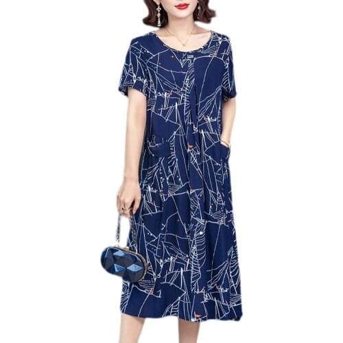 2021Short sleeveElegant Cotton silk Dress Casual Plus Size Long Dresses Summer Beach Woman Middle-aged Print Maxi Dress Women