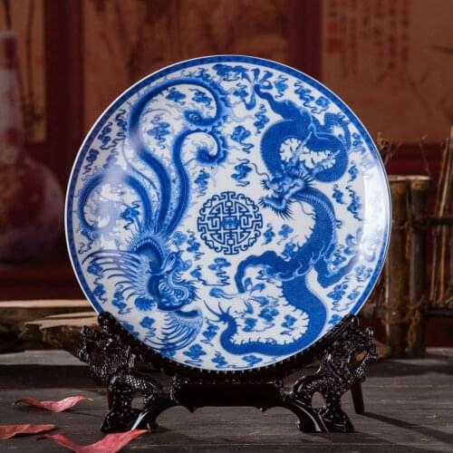 Antique Inmitation Artistic Ceramic Porcelain Decoration Plate / Dish with Printed Chinese Totem Dragon and Phoenix Painting