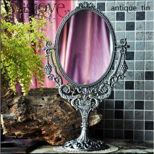 Free shipping vintage double face retro tin alloy metal table makeup dresser desktop decorative mirror embossed frame makeup