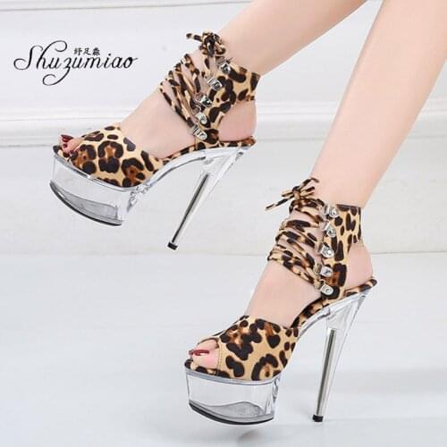 Shuzumiao Women Sandals Model T Station Catwalk Sexy Female 15cm High Heels Waterproof Suede Leopard Print Womens Wedding Shoes