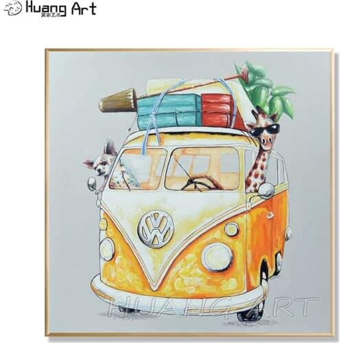 Handmade Decor Dog Cat Giraffe Knife Oil Painting on Canvas Modern Abstract Animals Driving the Car Painting for Room Wall Art
