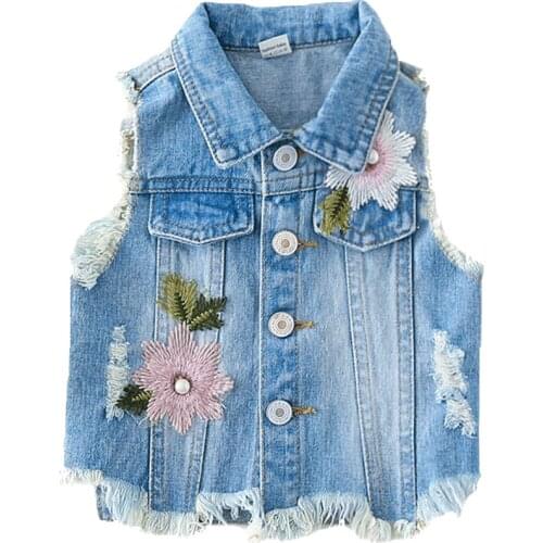 Baby Girls Jeans Vests Spring Autumn Sleeveless Girls Jeans Jacket Flower Denim Outerwear Toddler Clothing BC227