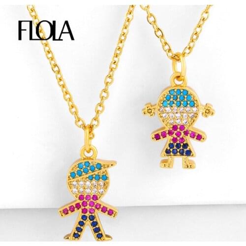 FLOLA Gold Family Necklace Rainbow Boy Girl Kids Pendants Necklace for Woman collares de moda CZ Necklace Rainbow Zircon nkep89