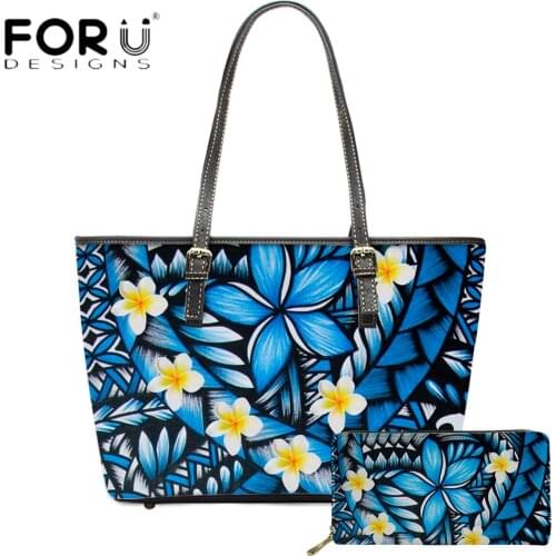 FORUDESIGNS New Arrival Blue Polynesian Plumeria Flower Print Ladies Large Leather Totes Bag And Purse Set Vintage Bolsa Mujer
