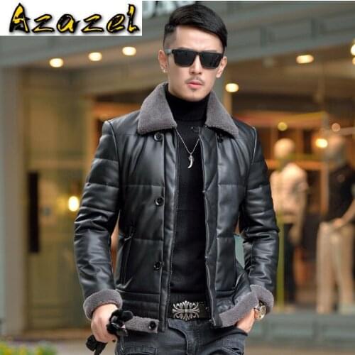 HOT Autumn and winter new Mens down leather jacket men Slim Korean short leather clothes Fashion Lamb fur collar lapel Outwear