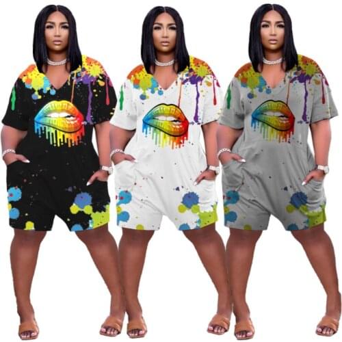Sexy V Neck Personality Splash Ink Lip Printing Fashion Pocket Loose Casual Jumpsuit High Street Womens Clothing Wholesale