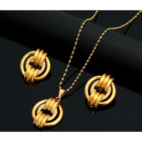 Ethiopian Trendy Necklace Earrings for Women Gold Color Flowers Arab African Jewelry Set