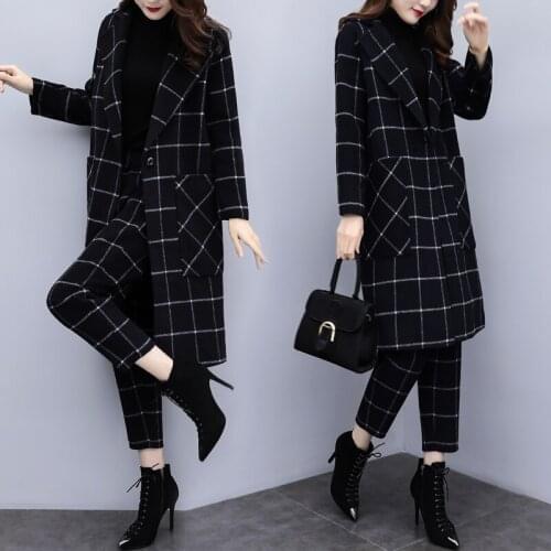 Spring and autumn new womens large size loose plaid jacket pencil nine pants casual fashion two-piece tide