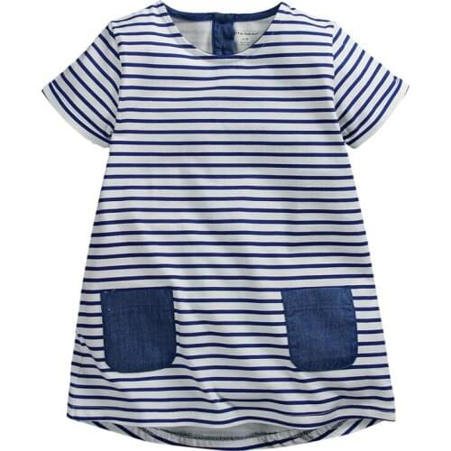 Summer Baby Girls Dress Kids Cotton Dresses Blue Stripy Dress Double Pockets Children Clothes New Clothing Style 1-6 Yrs