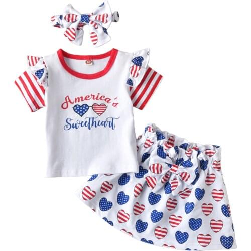 Girl’s Summer 3Pcs Set Fresh Letter Stripe Short Sleeve Tops and Heart Short Skirt with Headband