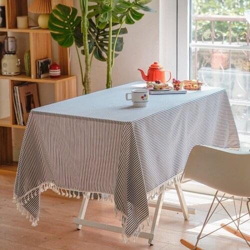 Fashion Stripe Designs Solid Decorative Linen Tablecloth With Tassels Rectangular Wedding Dining Table Cover Tea Table Cloth