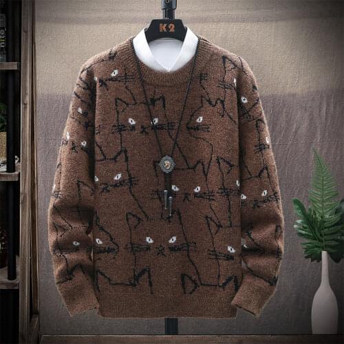 Male Funny Sweater Thicken Warm Kitten Cute Mens Winter Casual Sweaters Cartoon Cat Pattern Men Pullover Fit Knitted Round Neck