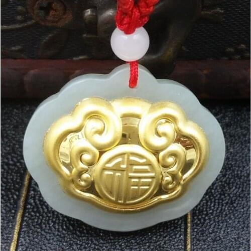 New Arrival Pure 24K Yellow Gold Pendant Nephrite Hetian Jade Luck Fu Lock Pendant 25x30mm