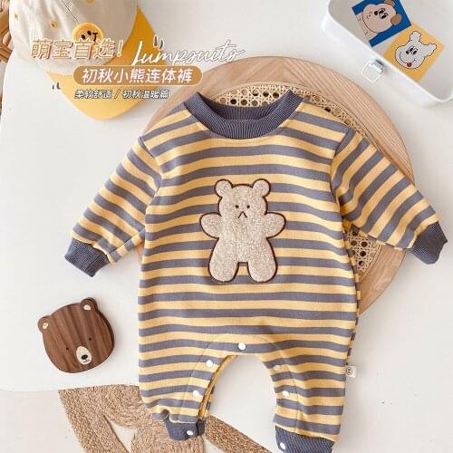 2021 Autumn Baby Rompers Baby Boys Girls Clothes Bear Printed Striped Baby Jumpsuit Newborn Infant Clothing