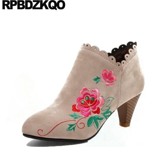 Pointed Toe Side Zip Boots Shoes Beige Suede Ankle Short Embroidery Autumn High Heel Fashion 2017 Chunky Booties New Ladies