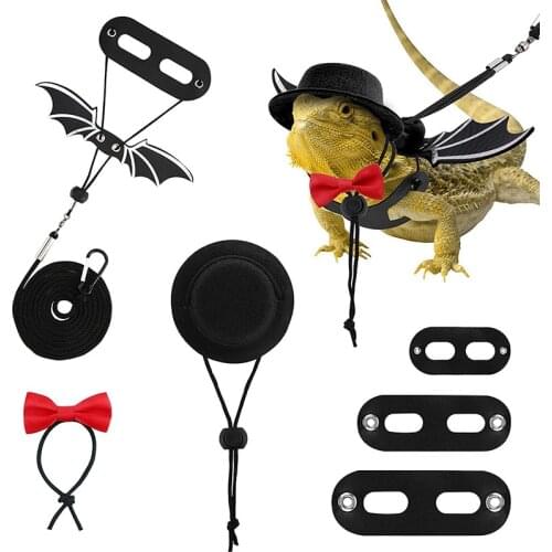 Dragon Lizard Leash Harness Traction Rope with Hat Bow Tie Adjustable Bat Wings Soft Leather Reptile Leash for Small Pet Animal