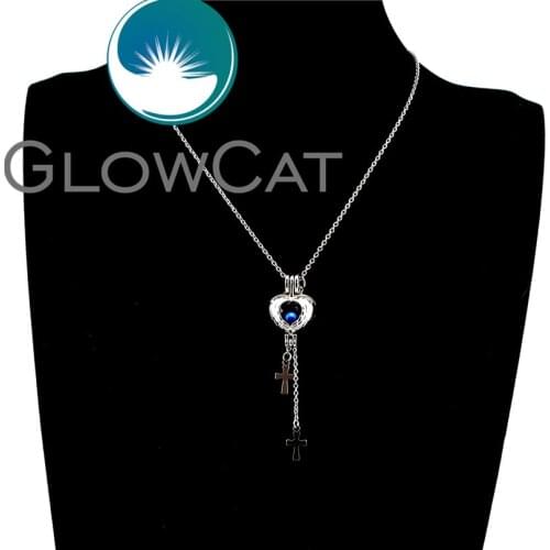 R-K537 Cross ) Tassel Heart Feather Wings Beads Cage Essential Oil Diffuser Oyster Pearl Cage Locket Pendant Necklace