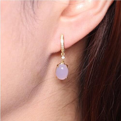 925 sterling silver earring Synthetic jade oval zircon short pendant long earring Stylish sweet temperament female ear jewelry