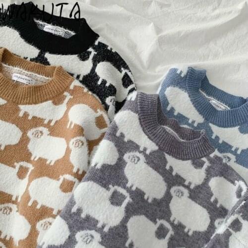 WAKUTA Kawaii Sheep Pattern Sweaters Women 2020 Fall Winter New Fashion Cartoon Pullovers Casual Loose O Neck Knitting Jumpers