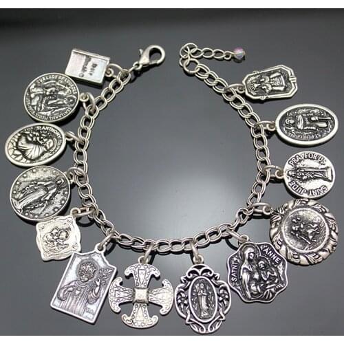 Vintage Gold Silver Plated Catholic Religious Church Medals Saints PRAY FOR US Cross Chain Bracelet Bangle Jewelry New