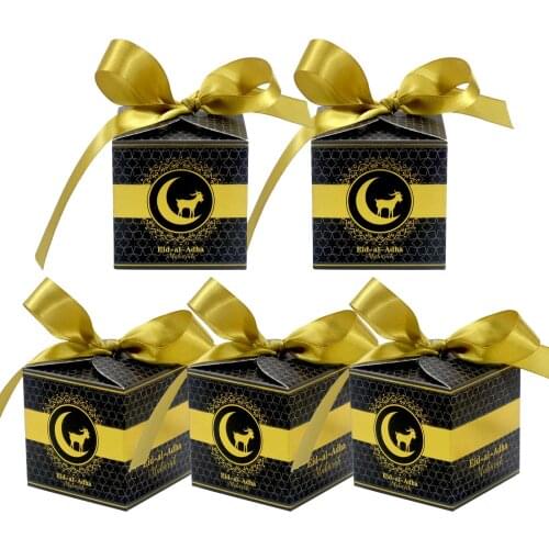 High Quality Black/White Eid-Al-Adha Mubarak Candy Box Gold Foil Favour Gift Package Islamic Muslim Party Decorations Supplies