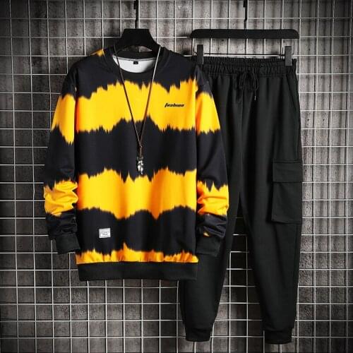 High Quality Mens Casual Printed Pullover+Lace-up Sweatpants 2PCS Set Men Elastic Tie-Dye Jogging Tracksuit 7 Color SIze M-5XL