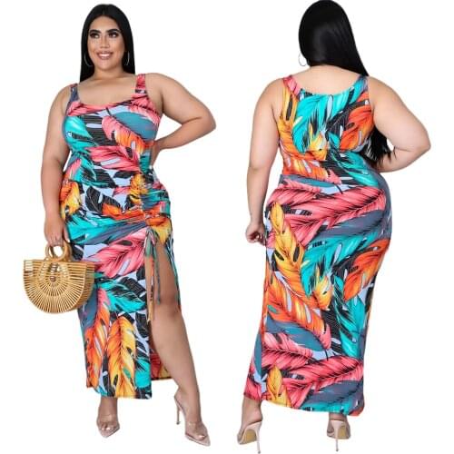 XL-5XL 2021 Summer Plus Size Dress Women Beach Fashion Pleated Printing Sexy Sleeveless Hlter Dresses Wholesale Dropshipping