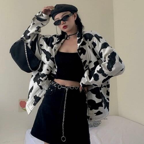 Korean Vintage Cow Pattern Print Denim Outerwear Female Spring Autumn 2021 New Casual Lapel Long Sleeve Loose Women Jeans Jacket